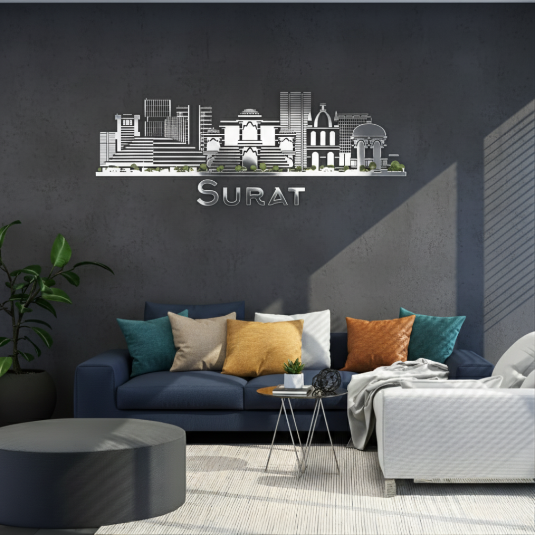 ArcDew: Surat, India City Skyline Wall Art Decal | Heritage Decor for UAE - arcdew.com - Silver acrylic ArcDew branded Surat city skyline wall decal with heritage buildings on dark wall.