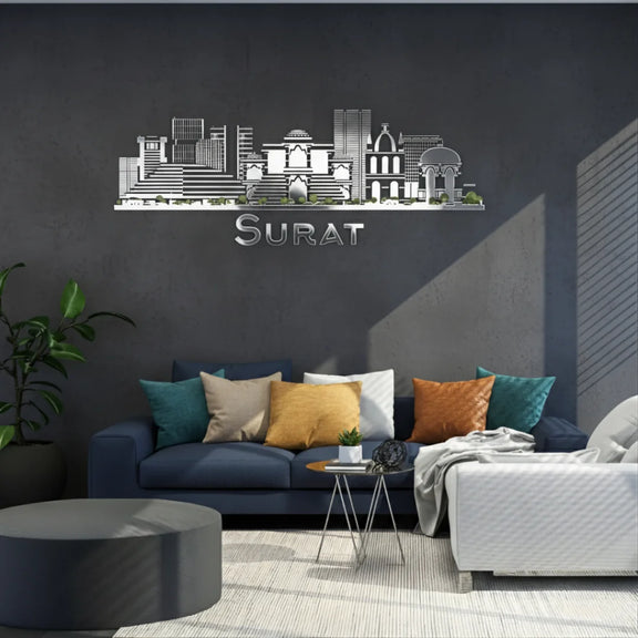 Surat, India City Skyline Wall Art Silver