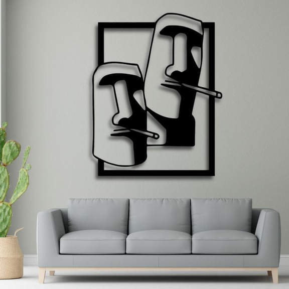 ArcDew Two Faces Moai Wall Art Frame | Modern Abstract Home Decor - arcdew.com - ArcDew branded black acrylic Two Faces Moai wall art frame above gray sofa.