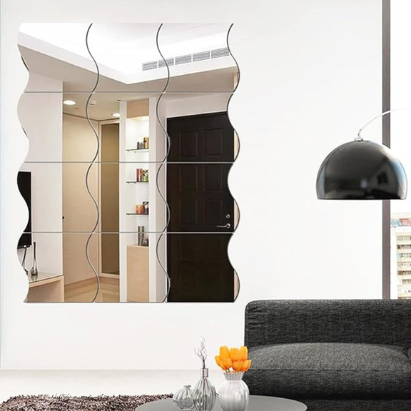 ArcDew Wavy Acrylic Mirror Wall Decals Modern Aesthetic Decor UAE - arcdew.com - ArcDew branded wavy acrylic mirror wall decals forming a modern decorative grid on white wall.
