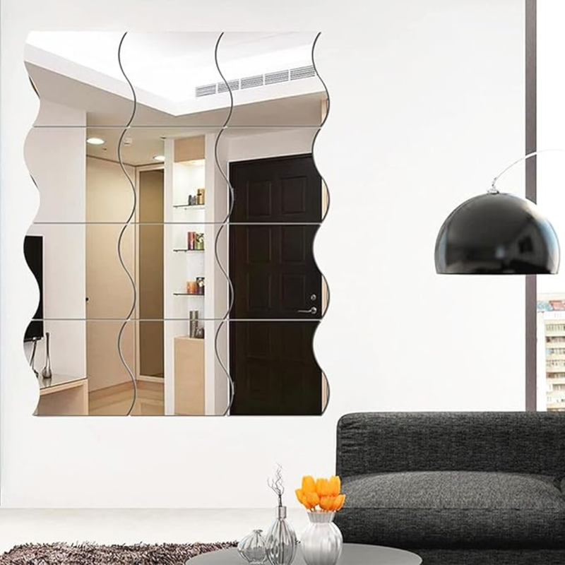 ArcDew Wavy Acrylic Mirror Wall Decals Modern Aesthetic Decor UAE - arcdew.com - ArcDew branded wavy acrylic mirror wall decals forming a modern decorative grid on white wall.