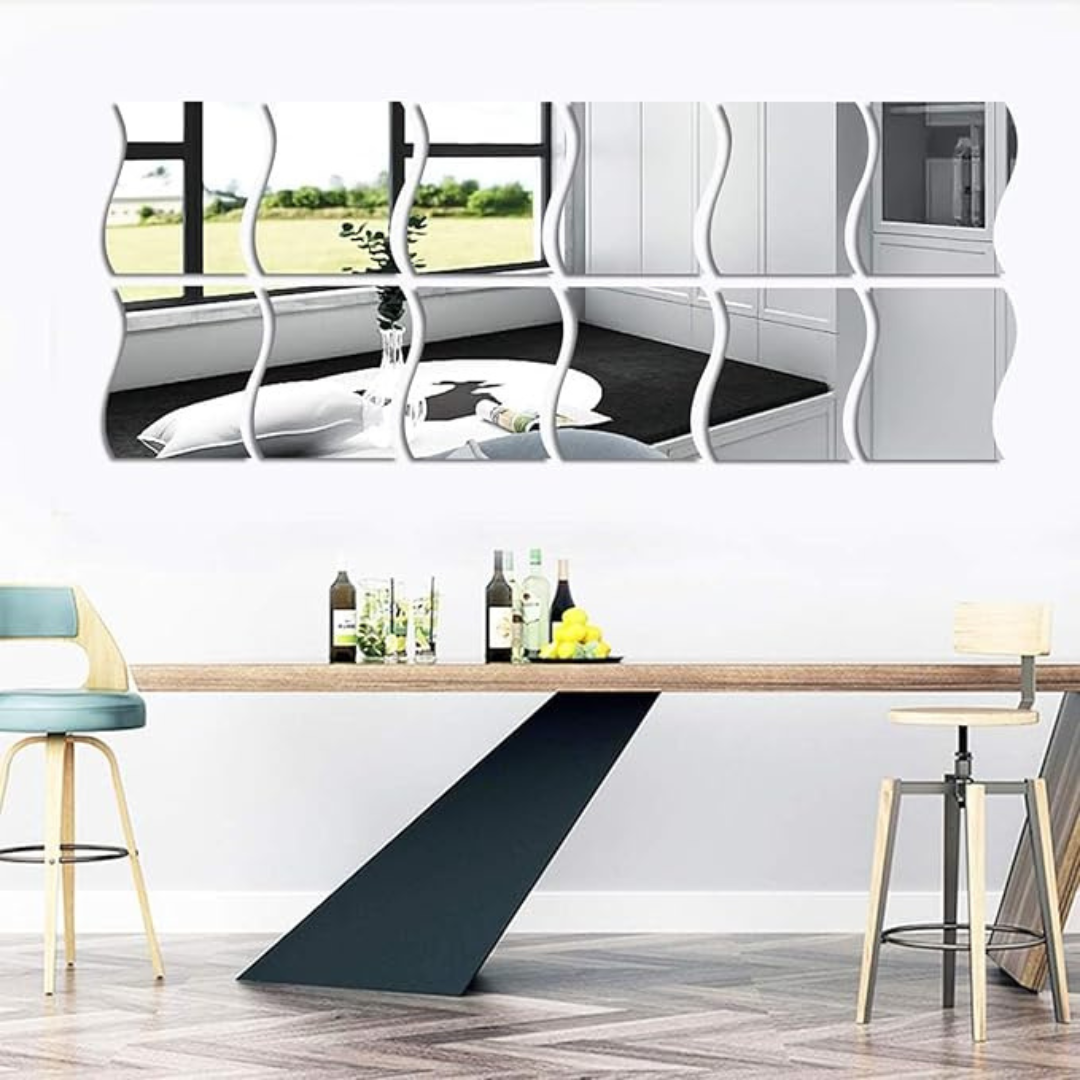 ArcDew Wavy Acrylic Mirror Wall Decals Modern Aesthetic Decor UAE - arcdew.com - ArcDew branded wavy acrylic mirror wall decals in modern living space with sleek table.