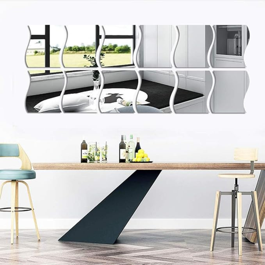 ArcDew Wavy Acrylic Mirror Wall Decals Modern Aesthetic Decor UAE - arcdew.com - ArcDew branded wavy acrylic mirror wall decals in modern living space with sleek table.