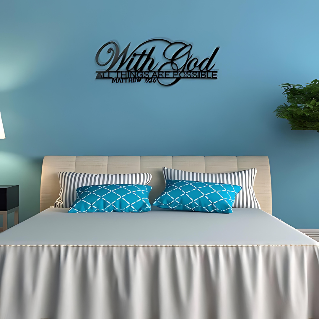 ArcDew – With God All Things Are Possible Acrylic Wall Décor | Christmas Gift UAE - arcdew.com - Black ArcDew branded acrylic wall décor reading "With God All Things Are Possible" on blue bedroom wall.