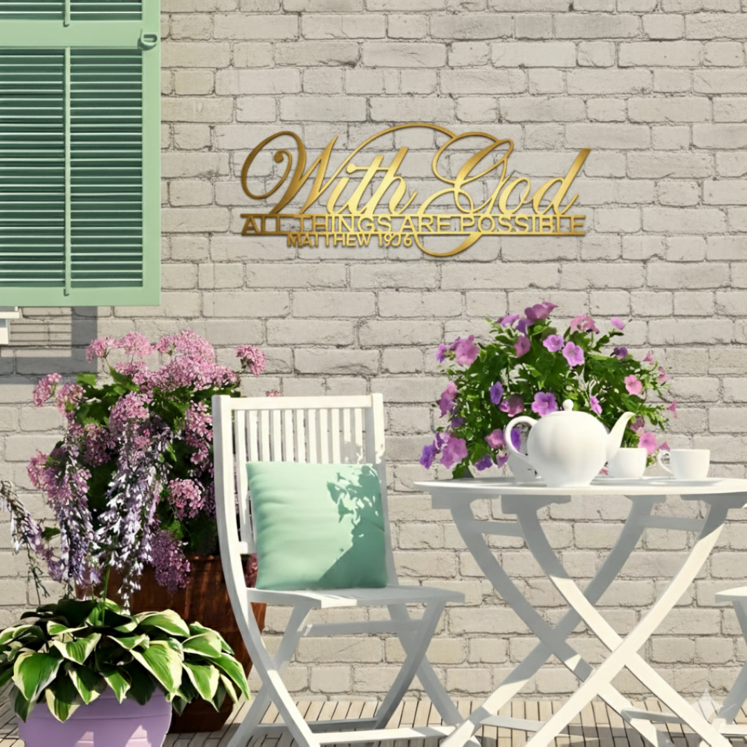 ArcDew – With God All Things Are Possible Acrylic Wall Décor | Christmas Gift UAE - arcdew.com - Gold acrylic ArcDew wall décor with "With God All Things Are Possible" lettering on brick wall.