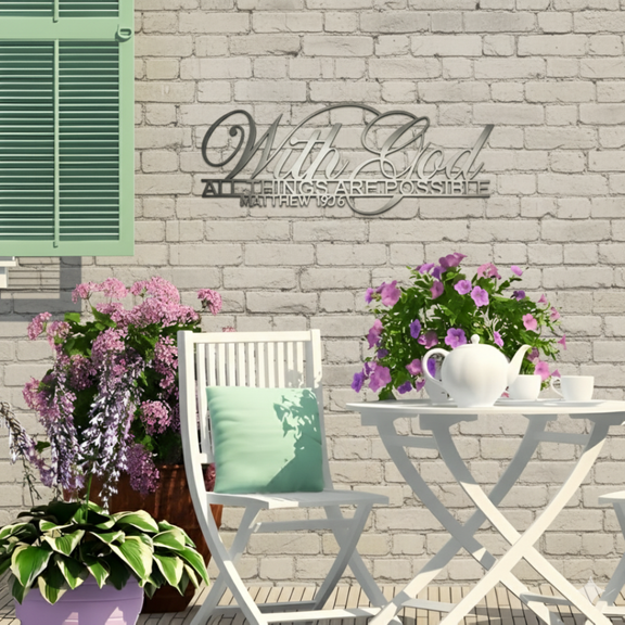 ArcDew – With God All Things Are Possible Acrylic Wall Décor | Christmas Gift UAE - arcdew.com - Black ArcDew acrylic wall décor with "With God All Things Are Possible" text on white brick wall.