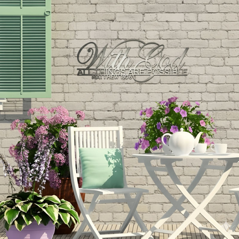 ArcDew – With God All Things Are Possible Acrylic Wall Décor | Christmas Gift UAE - arcdew.com - Black ArcDew acrylic wall décor with "With God All Things Are Possible" text on white brick wall.