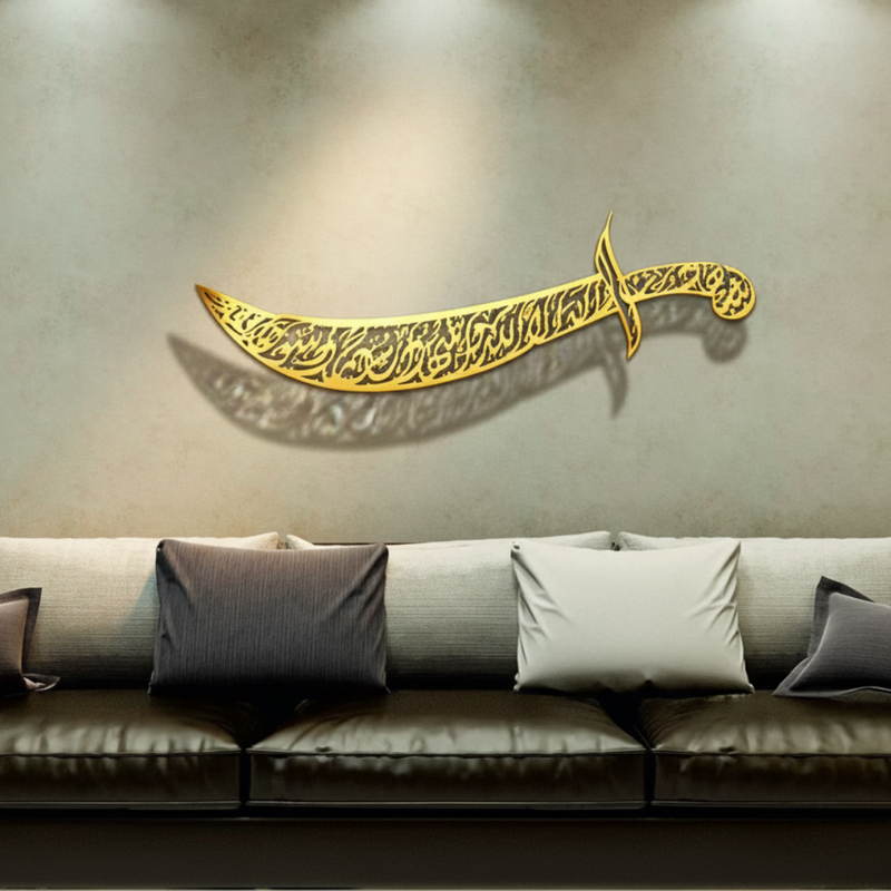 ArcDew Zulfiqar Sword Sword of Ali Islamic Wall Decal Muharram Decor UAE - arcdew.com - Gold acrylic Zulfiqar sword wall decal with Arabic calligraphy by ArcDew, branded Islamic decor.