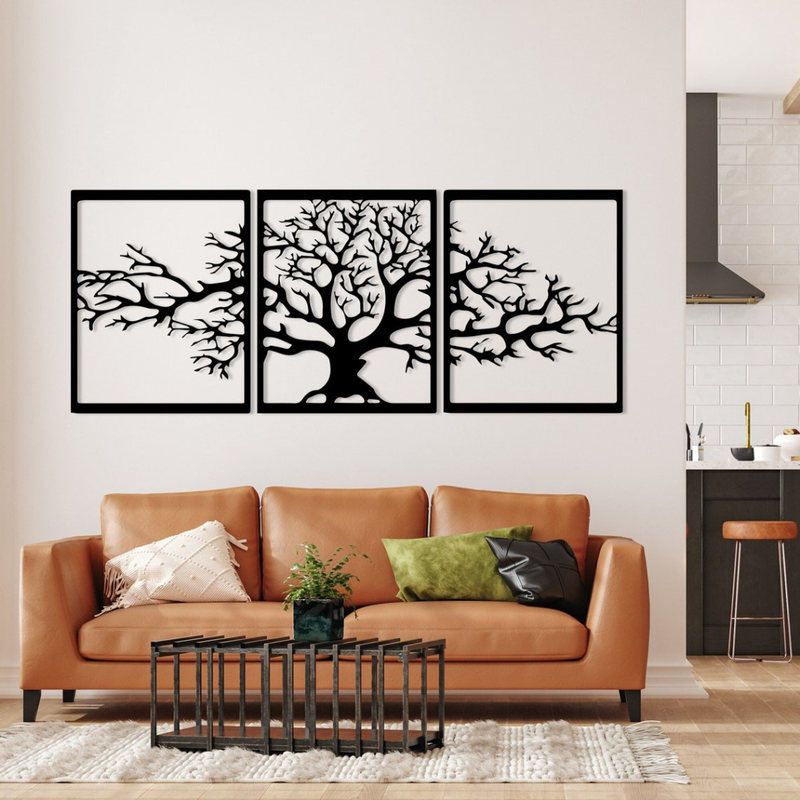 Arcdew 3-Piece Life Tree Wall Art | Shiny Acrylic Multi-Panel Decor - arcdew.com - Arcdew special branded black acrylic 3-piece life tree wall art above sofa.