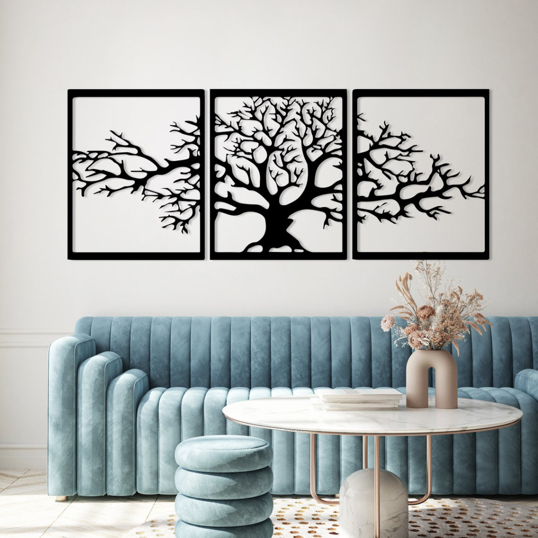 Arcdew 3-Piece Life Tree Wall Art | Shiny Acrylic Multi-Panel Decor - arcdew.com - Arcdew special branded black acrylic 3-piece life tree wall art above blue velvet sofa.