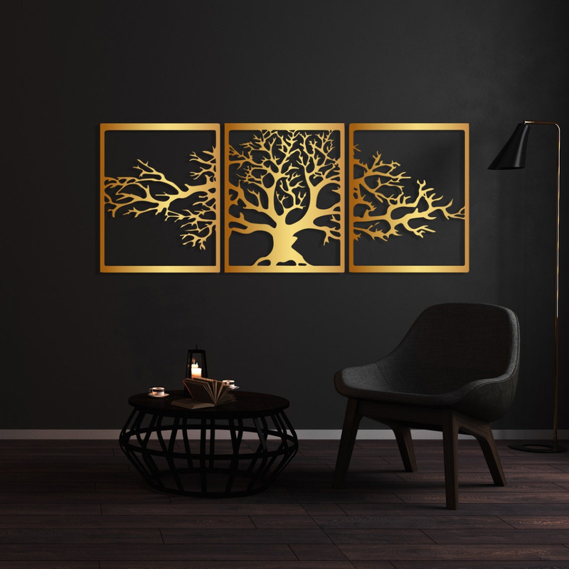Arcdew 3-Piece Life Tree Wall Art | Shiny Acrylic Multi-Panel Decor - arcdew.com - Arcdew special branded gold acrylic 3-piece life tree wall art with multi-panel design.