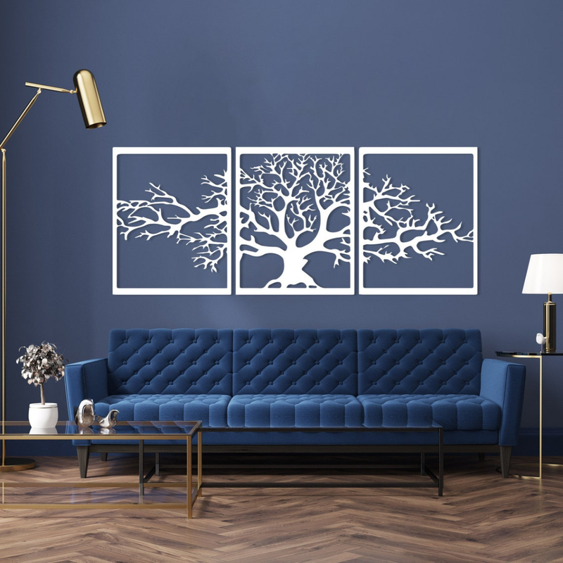 Arcdew 3-Piece Life Tree Wall Art | Shiny Acrylic Multi-Panel Decor - arcdew.com - Arcdew branded special acrylic 3-panel life tree wall art in silver above blue sofa.