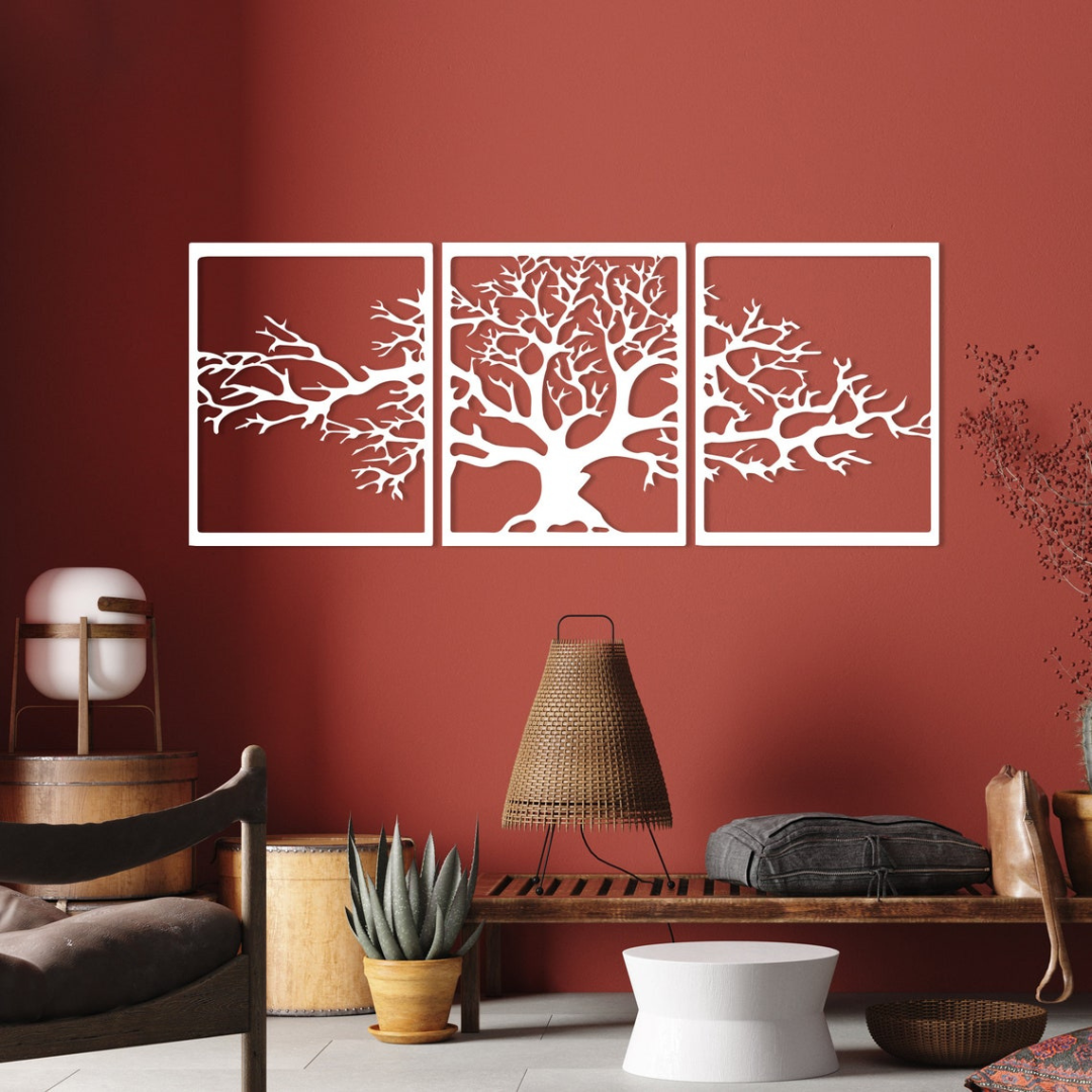 Arcdew 3-Piece Life Tree Wall Art | Shiny Acrylic Multi-Panel Decor - arcdew.com - Arcdew branded special acrylic 3-piece life tree wall art with white tree design on red wall.