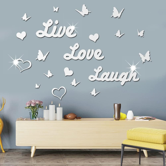 Arcdew 3D Acrylic Mirror Butterfly Stickers | Silver Love Live Laugh Wall Decal – Home Décor in UAE