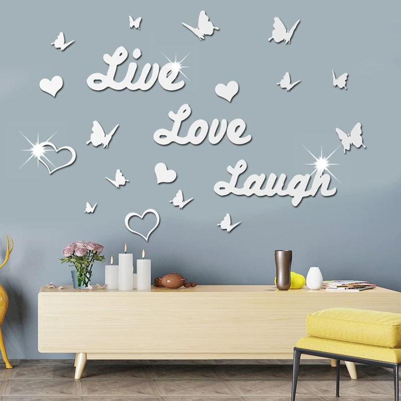Arcdew 3D Acrylic Mirror Butterfly Stickers | Silver Love Live Laugh Wall Decal – Home Décor in UAE