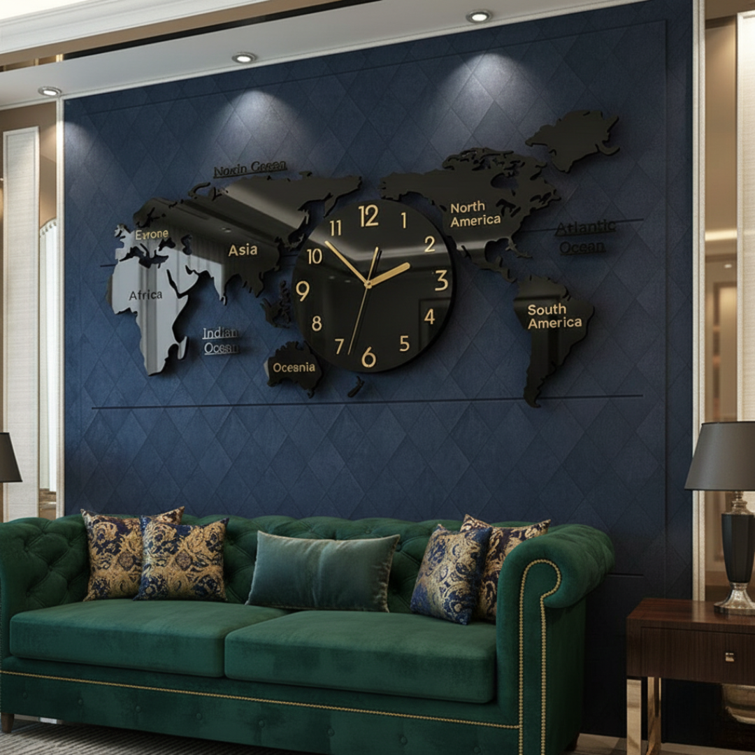 World map wall clock on a blue wall with a green sofa below