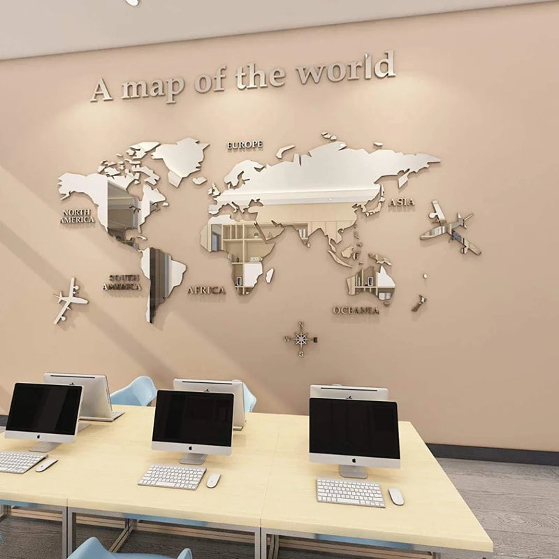 Acrylic 3D World Map Wall Decor Silver