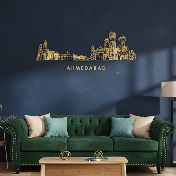 Arcdew Acrylic Black Ahmedabad Skyline Wall Art for Home Decor - arcdew.com - Arcdew special branded acrylic wall art in gold featuring Ahmedabad skyline on blue wall.