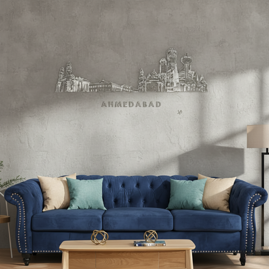 Arcdew Acrylic Black Ahmedabad Skyline Wall Art for Home Decor - arcdew.com - Arcdew acrylic black Ahmedabad skyline wall art, special branded decorative piece on gray wall.