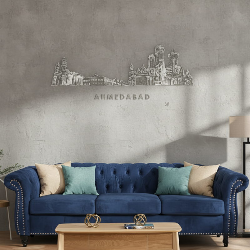 Arcdew Acrylic Black Ahmedabad Skyline Wall Art for Home Decor - arcdew.com - Arcdew acrylic black Ahmedabad skyline wall art, special branded decorative piece on gray wall.