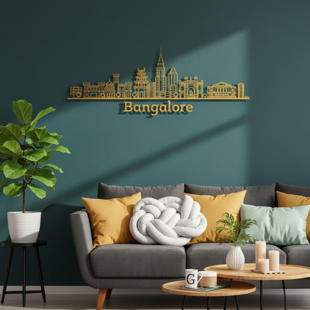 Arcdew Acrylic Black Bangalore Skyline Wall Art for Home Decor - arcdew.com - Arcdew special branded black acrylic Bangalore skyline wall art above sofa with cushions.