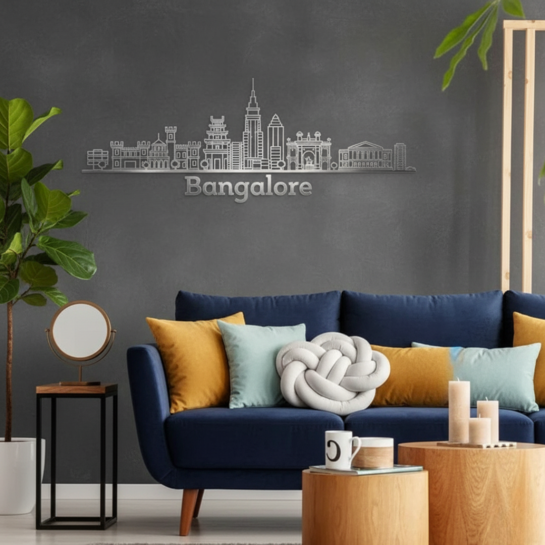 Arcdew Acrylic Black Bangalore Skyline Wall Art for Home Decor - arcdew.com - Arcdew branded black acrylic Bangalore skyline wall art above blue sofa in modern living room.