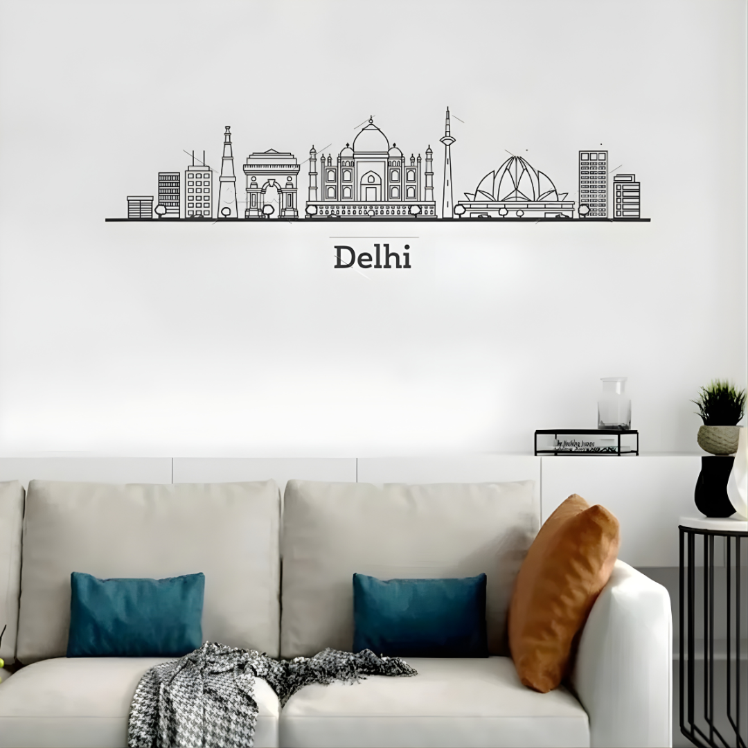 Arcdew Acrylic Black Dehli Skyline Wall Art for Home Decor - arcdew.com - Arcdew special branded acrylic black Delhi skyline wall art above sofa with cushions.