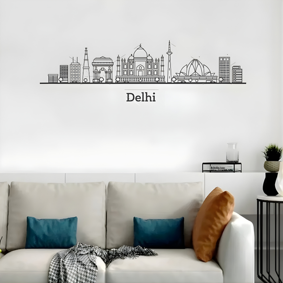 Arcdew Acrylic Black Dehli Skyline Wall Art for Home Decor - arcdew.com - Arcdew special branded acrylic black Delhi skyline wall art above sofa with cushions.