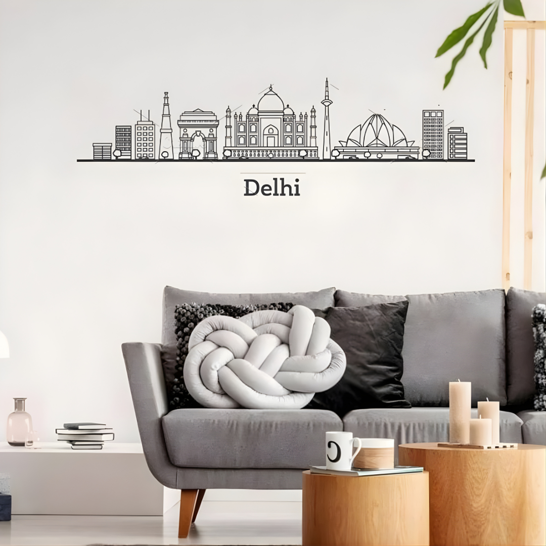 Arcdew Acrylic Black Dehli Skyline Wall Art for Home Decor - arcdew.com - Arcdew special branded acrylic black Delhi skyline wall art above gray sofa with decorative pillows.