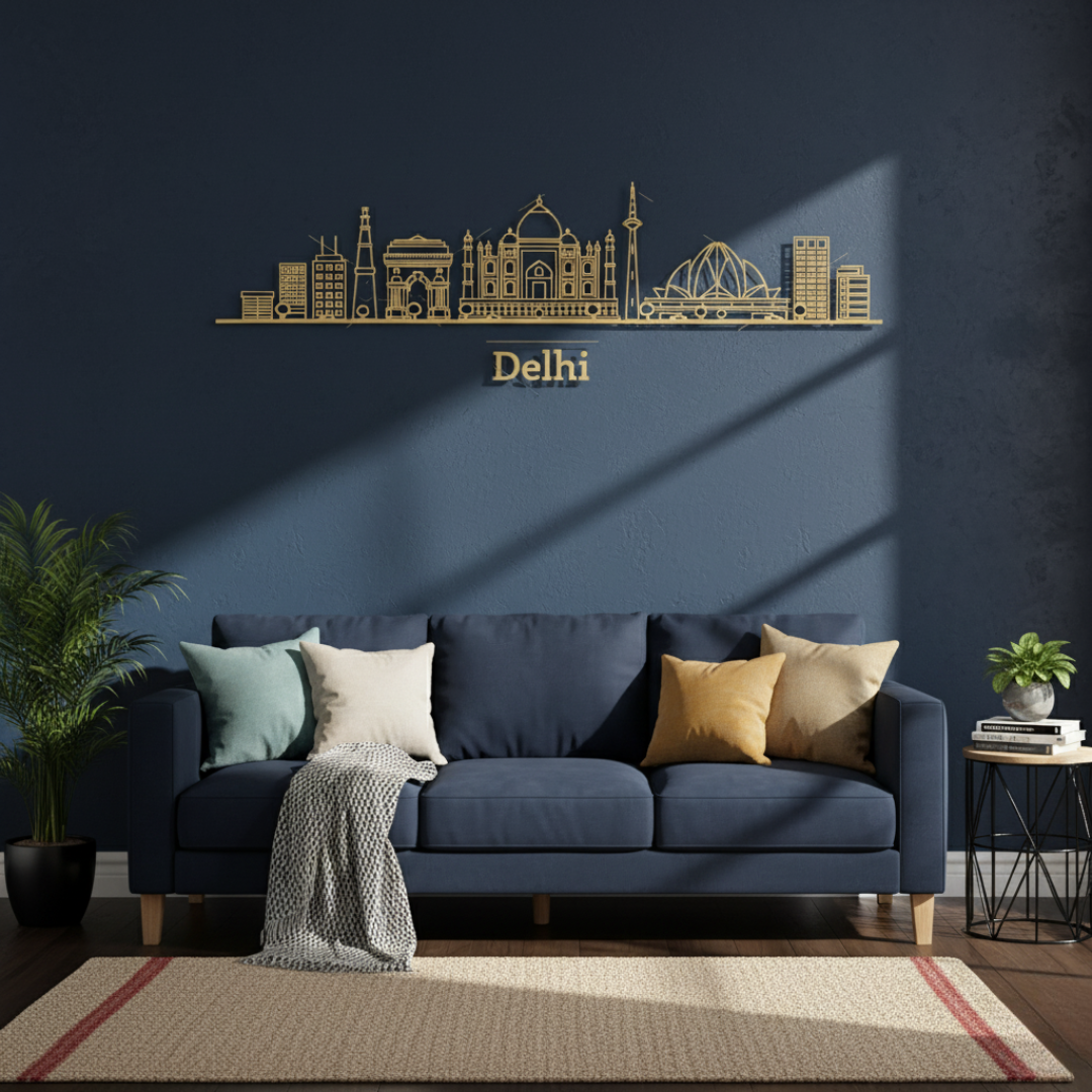 Arcdew Acrylic Black Dehli Skyline Wall Art for Home Decor - arcdew.com - Arcdew special branded acrylic black Delhi skyline wall art above navy sofa with cushions.