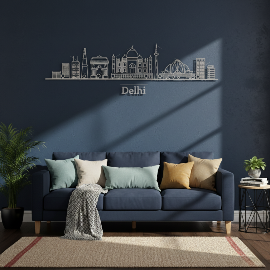 Arcdew Acrylic Black Dehli Skyline Wall Art for Home Decor - arcdew.com - Arcdew branded black acrylic Delhi skyline wall art with detailed cityscape above sofa.