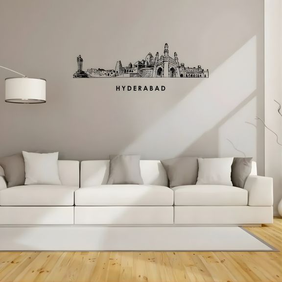 Arcdew Acrylic Black Hyderabad Skyline Wall Art for Home Decor - arcdew.com - Arcdew special branded black acrylic Hyderabad skyline wall art mounted above white sofa.