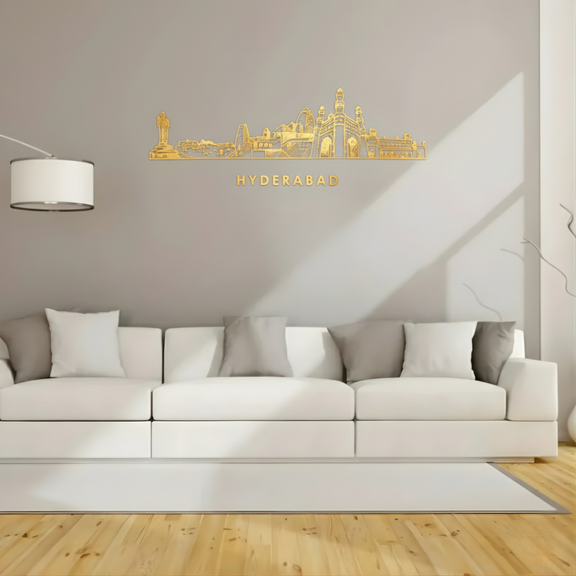 Arcdew Acrylic Black Hyderabad Skyline Wall Art for Home Decor - arcdew.com - Arcdew special branded gold acrylic Hyderabad skyline wall art above white sofa.