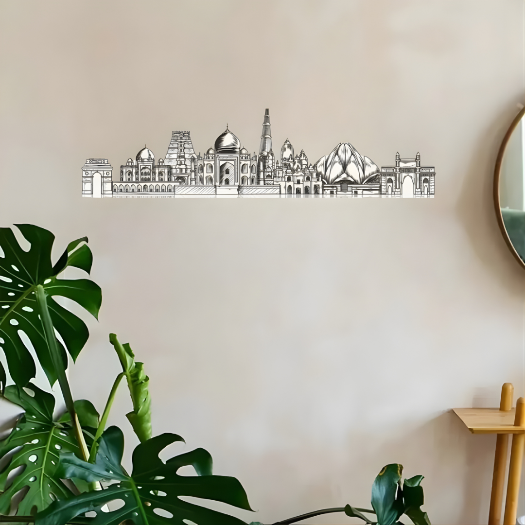 Arcdew Acrylic Black India Landmarks Skyline Wall Art for Home Decor - arcdew.com - Arcdew branded special acrylic wall art featuring black India landmarks skyline on white wall.