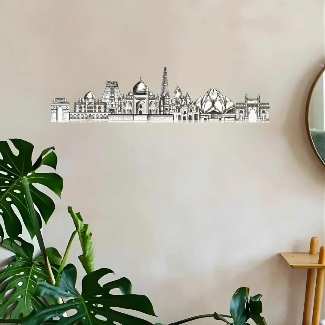 India Landmarks Skyline Wall Art Black