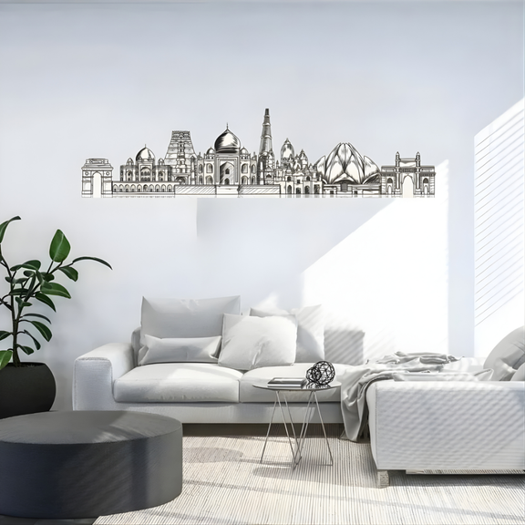 Arcdew Acrylic Black India Landmarks Skyline Wall Art for Home Decor - arcdew.com - Arcdew special branded black acrylic Indian landmarks skyline wall art above white sofa.