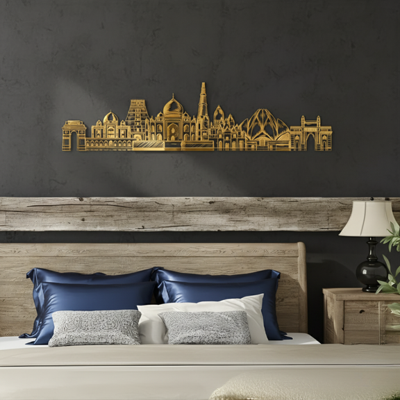 Arcdew Acrylic Black India Landmarks Skyline Wall Art for Home Decor - arcdew.com - Arcdew special branded acrylic gold India landmarks skyline wall art above bed.