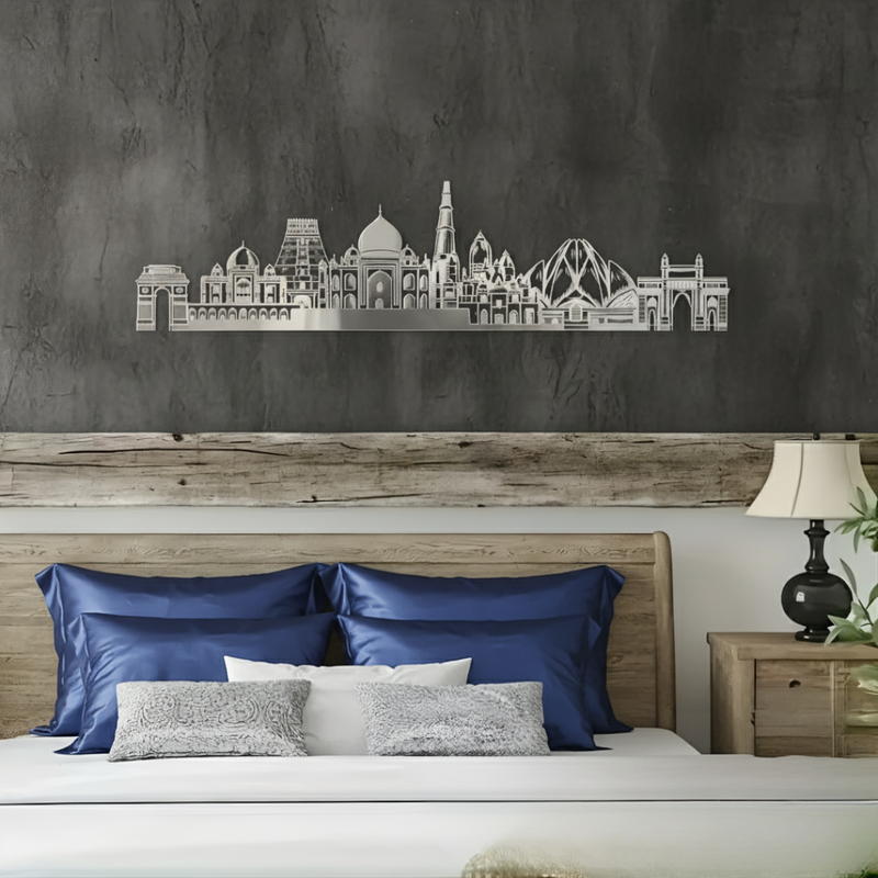 Arcdew Acrylic Black India Landmarks Skyline Wall Art for Home Decor - arcdew.com - Arcdew branded acrylic black Indian landmarks skyline wall art above bed.