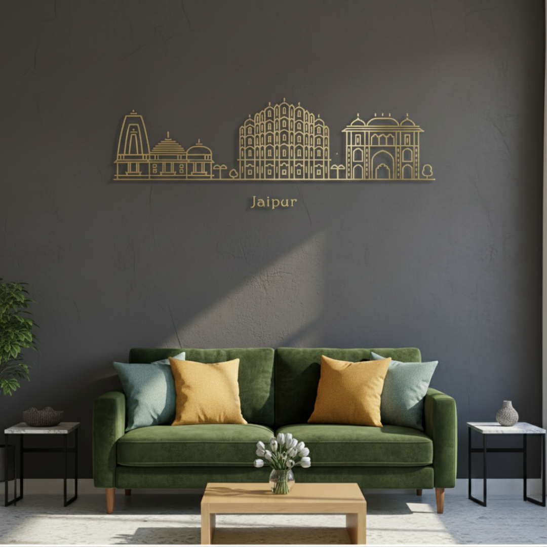 Arcdew Acrylic Black Jaipur Skyline Wall Art for Home Decor - arcdew.com - Arcdew branded special acrylic Jaipur skyline wall art in gold finish on dark gray wall.