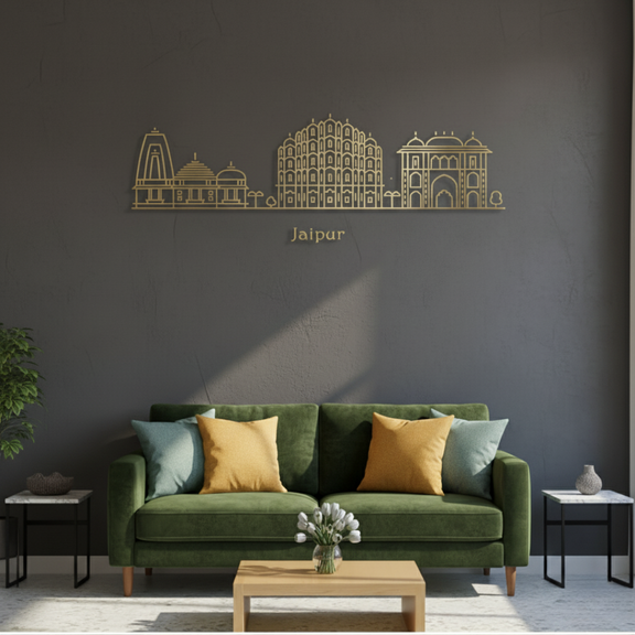 Arcdew Acrylic Black Jaipur Skyline Wall Art for Home Decor - arcdew.com - Arcdew branded special acrylic Jaipur skyline wall art in gold finish on dark gray wall.