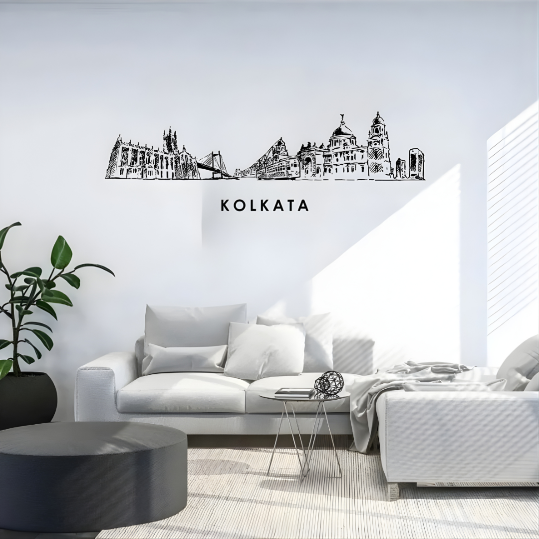 Arcdew Acrylic Black Kolkata Skyline Wall Art for Home Decor - arcdew.com - Arcdew special branded black acrylic Kolkata skyline wall art above white sofa.