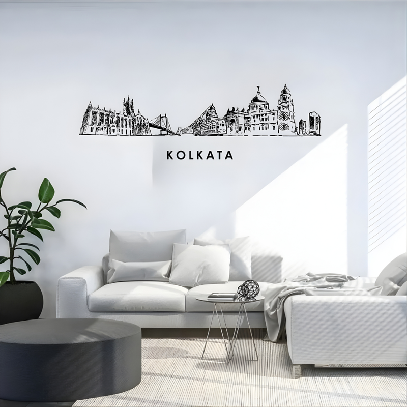 Arcdew Acrylic Black Kolkata Skyline Wall Art for Home Decor - arcdew.com - Arcdew special branded black acrylic Kolkata skyline wall art above white sofa.