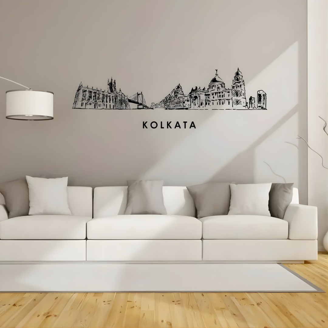 Arcdew Acrylic Black Kolkata Skyline Wall Art for Home Decor - arcdew.com - Arcdew black acrylic Kolkata skyline wall art with branded, special finish above white sofa.