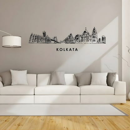 Arcdew Acrylic Black Kolkata Skyline Wall Art for Home Decor - arcdew.com - Arcdew black acrylic Kolkata skyline wall art with branded, special finish above white sofa.