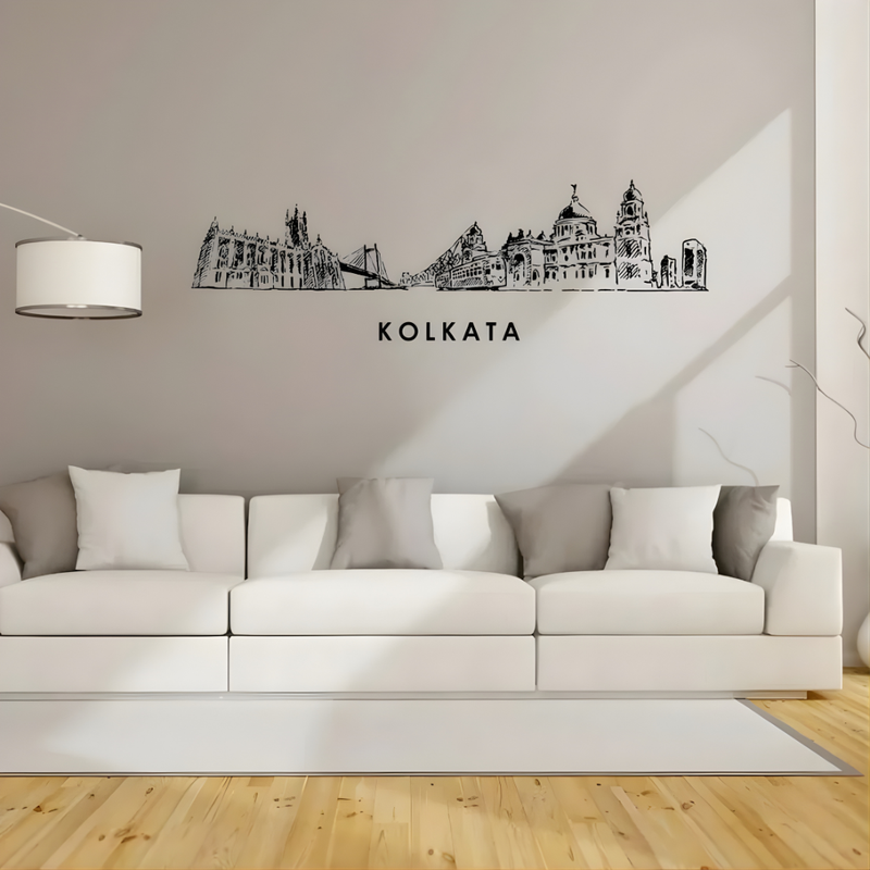 Arcdew Acrylic Black Kolkata Skyline Wall Art for Home Decor - arcdew.com - Arcdew black acrylic Kolkata skyline wall art with branded, special finish above white sofa.