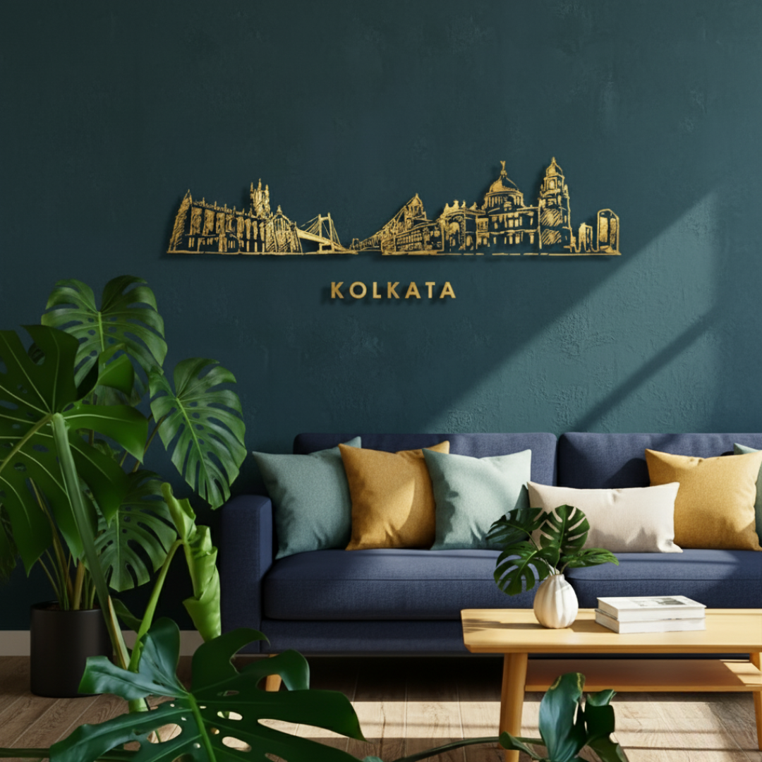 Arcdew Acrylic Black Kolkata Skyline Wall Art for Home Decor - arcdew.com - Arcdew special branded acrylic gold Kolkata skyline wall art on dark teal wall above sofa.