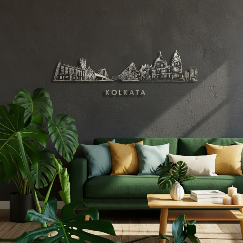 Arcdew Acrylic Black Kolkata Skyline Wall Art for Home Decor - arcdew.com - Arcdew special branded black acrylic Kolkata skyline wall art above green sofa in modern living room.