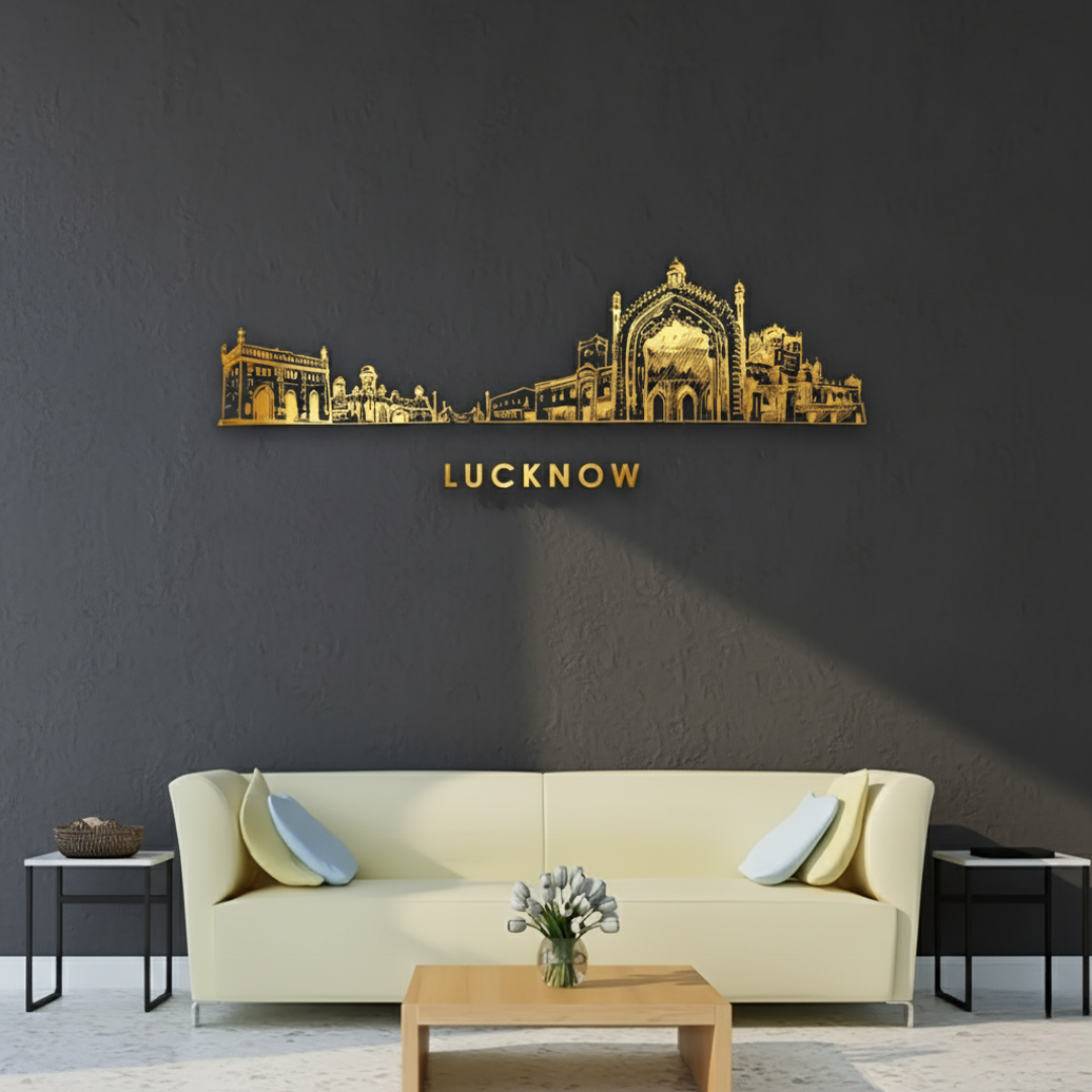 Arcdew Acrylic Black Lucknow Skyline Wall Art for Home Decor - arcdew.com - Arcdew special branded acrylic Lucknow skyline wall art in gold above cream sofa.