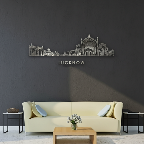 Arcdew Acrylic Black Lucknow Skyline Wall Art for Home Decor - arcdew.com - Arcdew branded black acrylic Lucknow skyline wall art above cream sofa in modern living room.