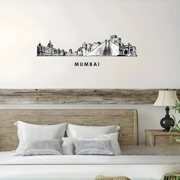 Arcdew Acrylic Black Mumbai Skyline Wall Art for Home Decor - arcdew.com - Arcdew branded black acrylic Mumbai skyline wall art above bed, sleek home decor design.